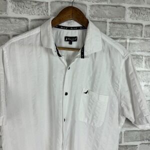 Blanc du Nil France Mens LARGE White Cotton Textured Solid Short Sleeve Button